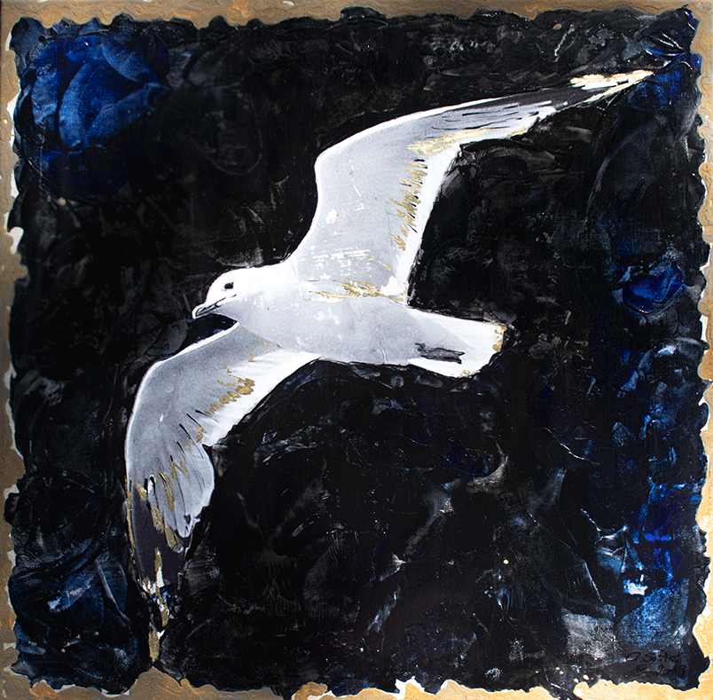 Claudia Seiler, Golden Wings, 100 x 100 cm, Acryl, Pigmente, Encaustic, Blattgold, Rost.