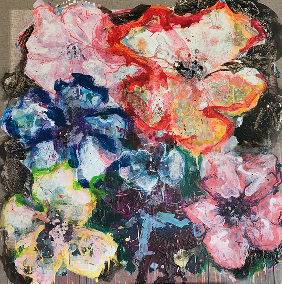 Claudia Seiler; FLOWER POWER,100x100 cm  | acrylics, oil pen on canvas 