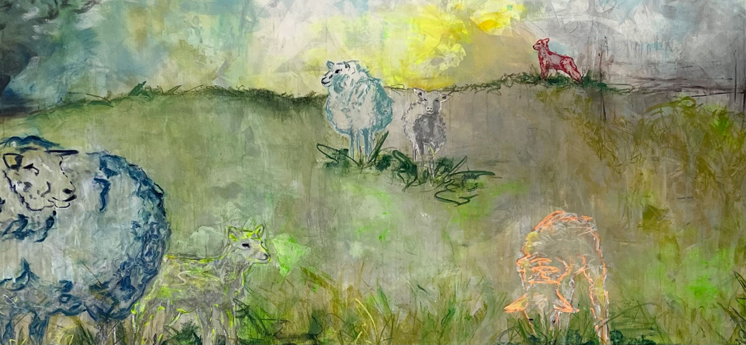 Claudia Seiler; GOOD MORNING ON THE DYKE,160 cm x 75 cm,  Acryl, Kreide, Ölpastell auf Leinwand,  Acryl, Kreide, Ölpastell auf Leinwand, chalk, oilpen on canvas