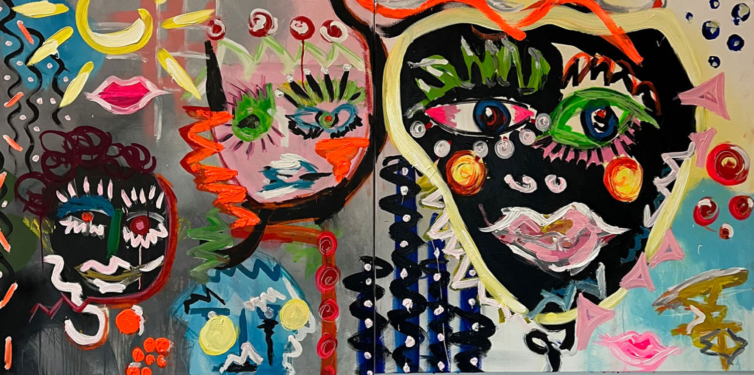 Claudia Seiler artist, HAPPY FAMILY,120 cm x 60 cm Diptychon, Acryl, Ölstift, Kreide Leinwand, acrylics, oil pen, chalk on canvas