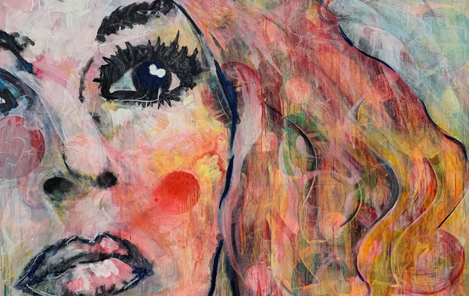 Claudia Seiler; HOMMAGE À BRIGITTE, 180 x 120, Acryl, Ölstift, AQUARELL auf Leinwand, acrylics, oil pen, water color on canvas 