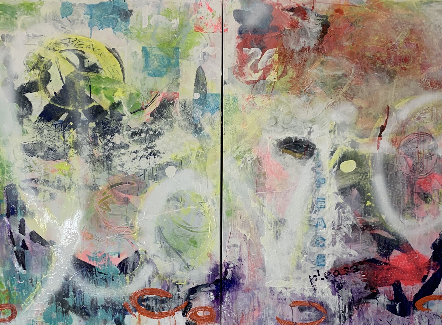 Claudia Seiler; PEACE PLEASE, 2x80 cm  x 80 cm |Diptychon / diptych, acrylics, oil pen on canvas 