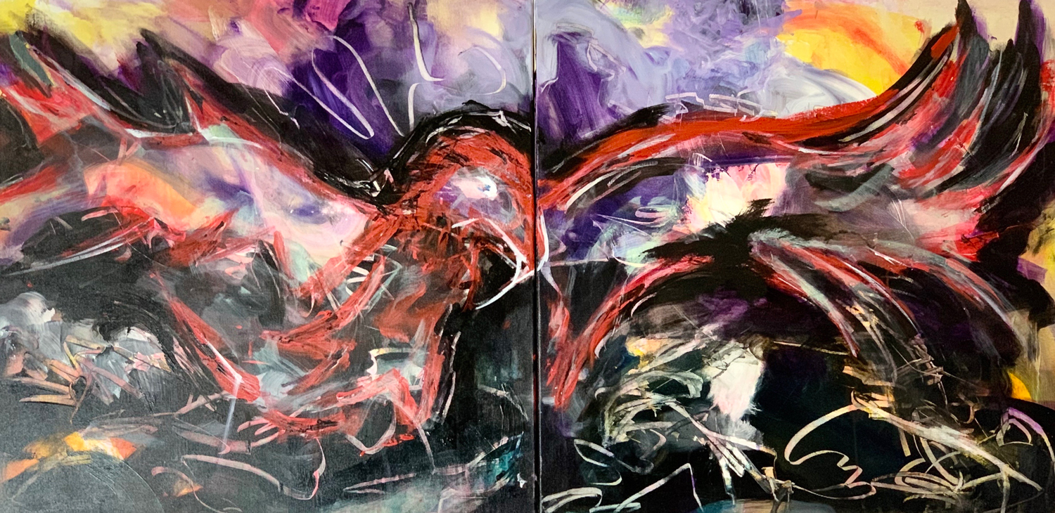 Claudia Seiler; STORMY EYES, 2x80 cm  x 80 cm  Diptychon / diptych<br>acrylics, oil pen on canvas 