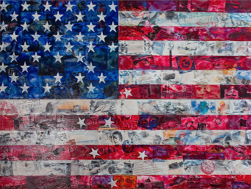 Claudia Seiler; USA meets sylt, leinen, encaustic on multiplex 